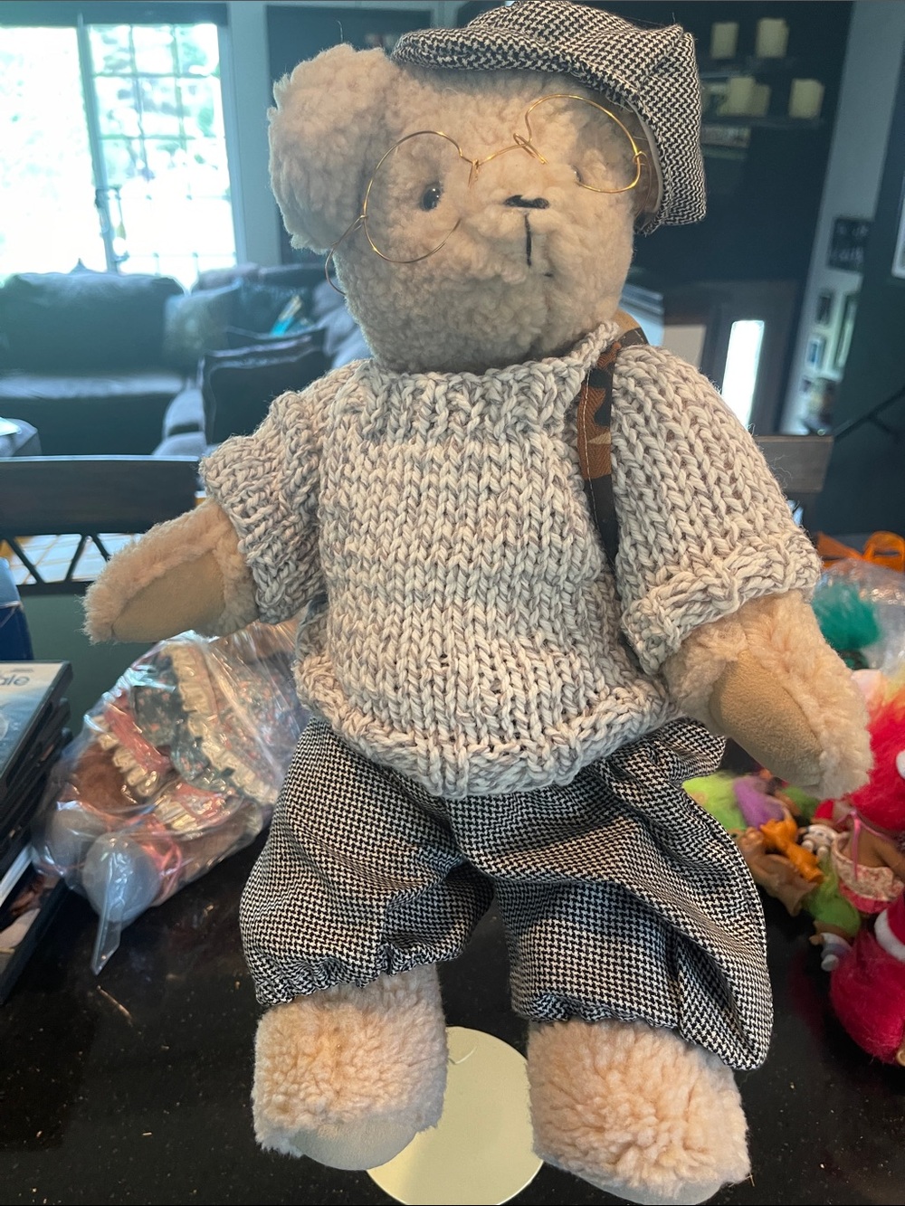 Plush Teddy Bear in Cream Knit Sweater and Black-White Plaid Outfit - backpack